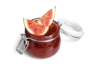 Photo of Glass jar of tasty sweet fig jam isolated on white