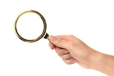 Photo of Woman holding magnifying glass on white background, closeup