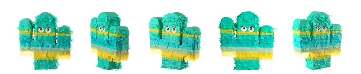 Set with funny cactus shaped pinatas on white background. Banner design