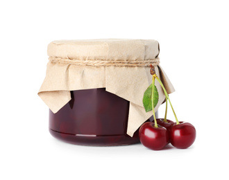 Jar of cherry jam and fresh berries on white background