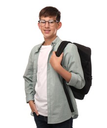 Teenage student with backpack on white background
