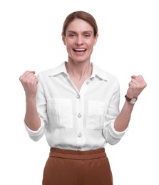 Photo of Beautiful excited businesswoman posing on white background