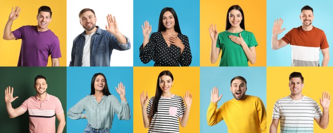Collage with photos of cheerful people showing hello gesture on different color backgrounds. Banner design