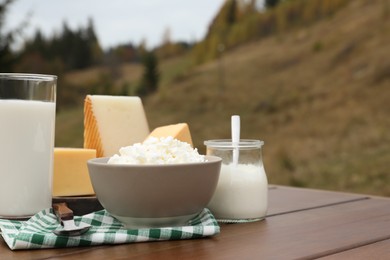 Tasty cottage cheese and other fresh dairy products on wooden table outdoors