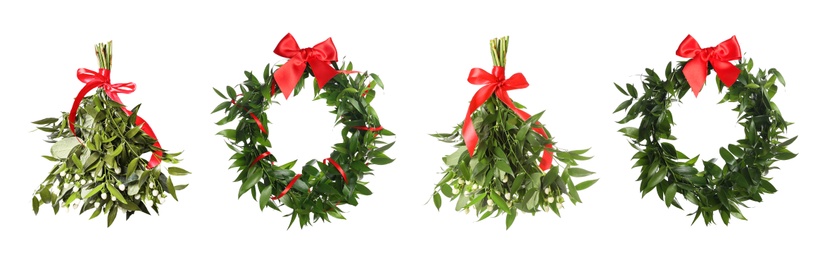 Set with mistletoe bunches and wreaths on white background, banner design. Traditional Christmas decor