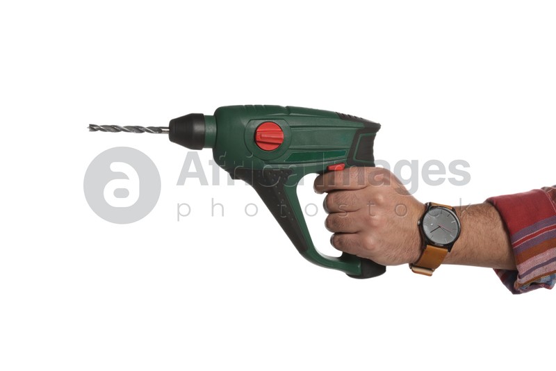 Man with power drill on white background, closeup
