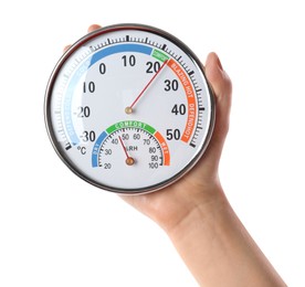 Woman holding dial hygrometer on white background, closeup