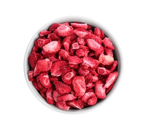 Freeze dried strawberries in bowl on white background, top view