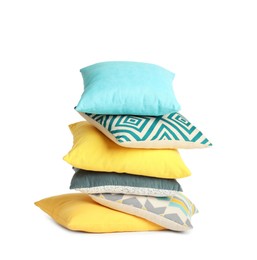 Photo of Stack of colorful decorative pillows on white background