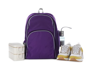 Photo of Stylish shoes, backpack, lunch box and bottle of water on white background
