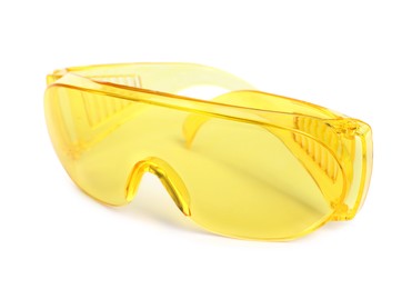 Protective goggles isolated on white. Safety equipment