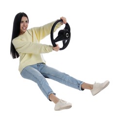 Angry woman on stool with steering wheel against white background