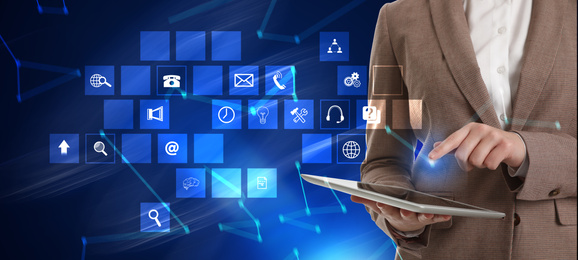 Image of Businesswoman using digital tablet and different icons on blue background, closeup. Technical support service 