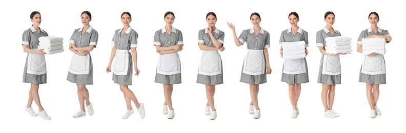 Collage with photos of chambermaid in uniform on white background. Banner design