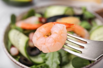 Photo of Fork with shrimp, closeup. Eating delicious seafood salad