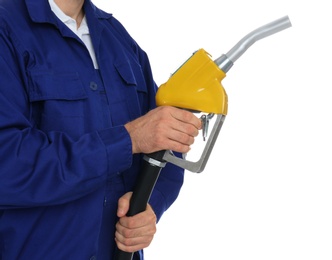 Gas station worker with fuel nozzle on white background, closeup