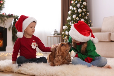 Cute little kids with English Cocker Spaniel in room decorated for Christmas