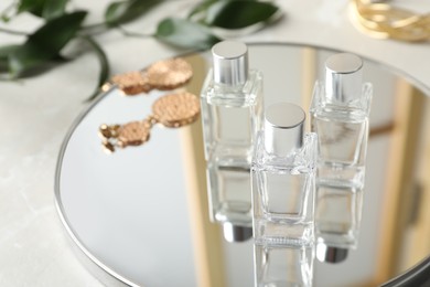 Bottles of essential oil and mirror on light grey table, closeup. Space for text