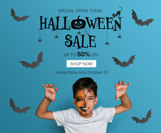 Image of Halloween sale ad design. Little boy with half face painted as spooky pumpkin on blue background