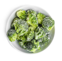 Frozen broccoli in bowl isolated on white, top view. Vegetable preservation