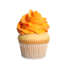 Delicious cupcake decorated with orange cream isolated on white. Birthday treat