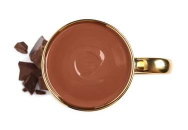 Yummy hot chocolate in cup on white background, top view