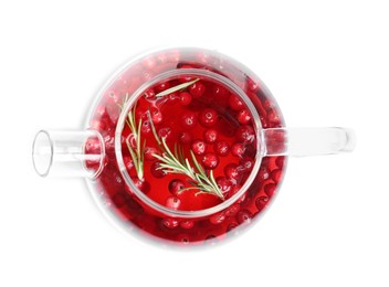 Tasty hot cranberry tea with rosemary in glass teapot isolated on white, top view