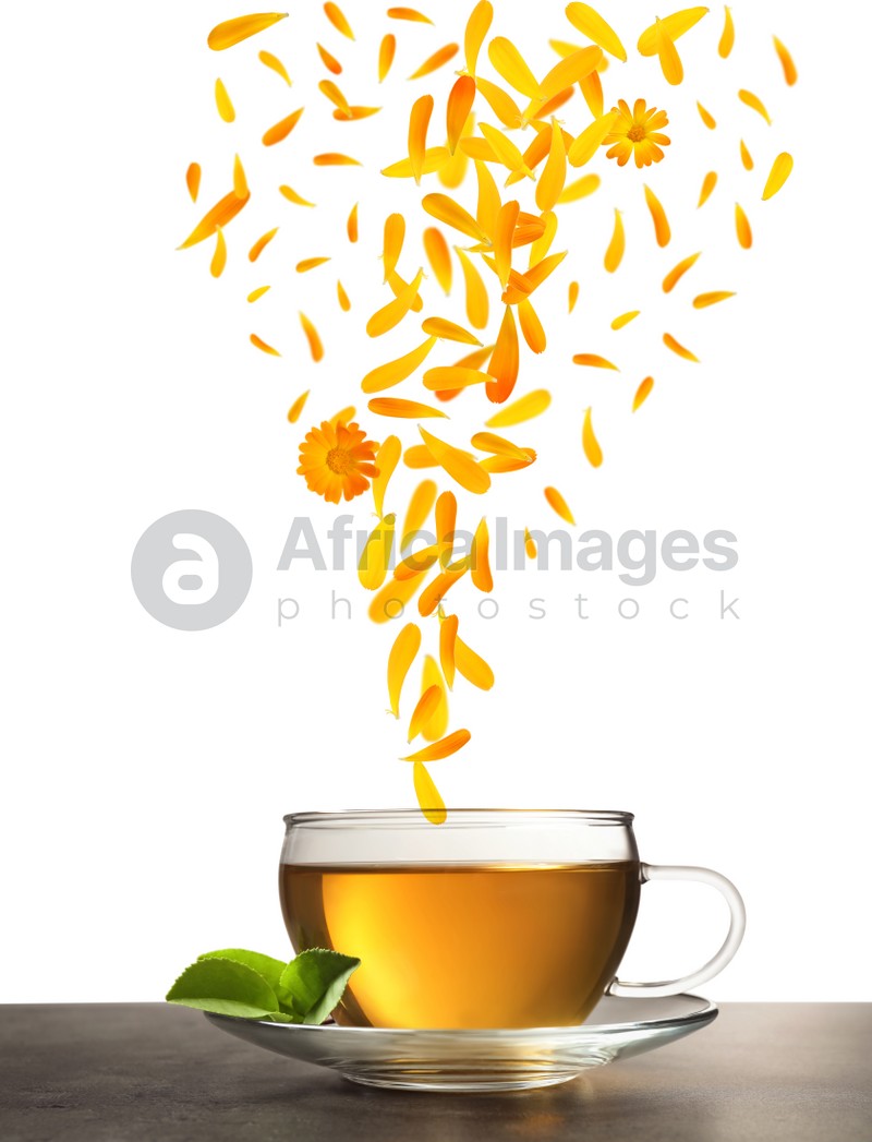 Beautiful calendula flowers and petals falling into cup of freshly brewed tea on grey table against white background