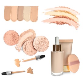 Set with different liquid foundation and face powder on white background