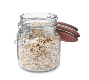 Raw oatmeal in glass jar isolated on white