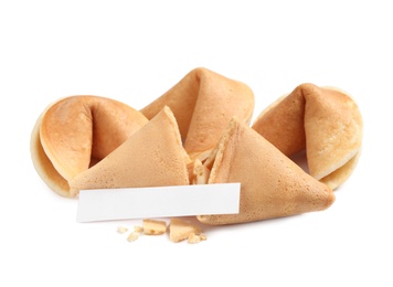 Traditional fortune cookies with prediction on white background