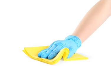 Woman in blue latex gloves with rag on white background, closeup of hand