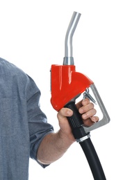 Man with fuel nozzle on white background, closeup. Gas station