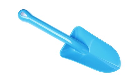 Light blue plastic toy shovel isolated on white, top view