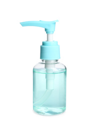 Photo of Dispenser bottle with blue antiseptic gel isolated on white