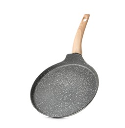New pancake pan with wooden handle isolated on white background