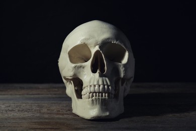 Human skull on wooden table against black background