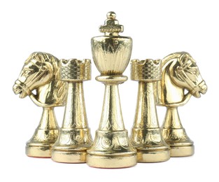 Set of golden chess pieces on white background