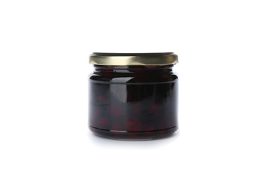 Glass jar with cherry jam isolated on white. Pickling and preservation
