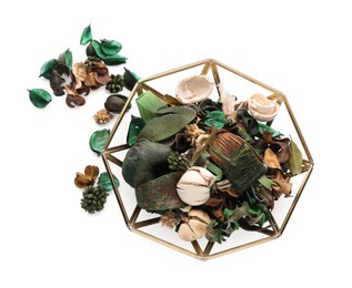 Photo of Polygonal bowl and scented potpourri on white background, top view