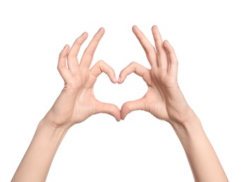 Photo of Woman showing heart on white background, closeup of hands