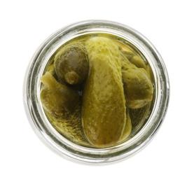 Jar of pickled cucumbers isolated on white, top view