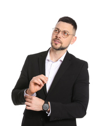 Confident businessman in glasses on white background