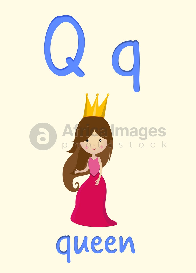 Learning English alphabet. Card with letter Q and queen, illustration