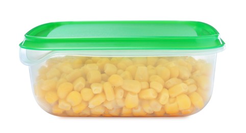 Fresh corn kernels in plastic container isolated on white