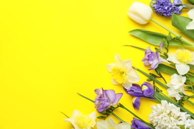 Flat lay composition with spring flowers on yellow background. Space for text