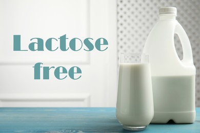 Image of Fresh lactose free milk on blue wooden table