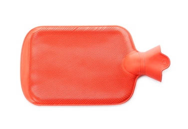 Red rubber hot water bottle isolated on white, top view