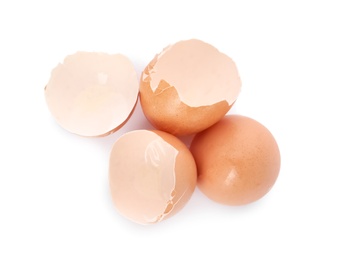 Egg shells on white background, top view. Composting of organic waste