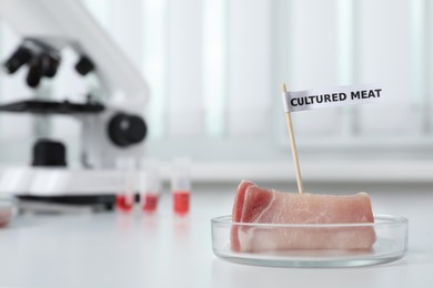 Petri dish with sample of lab grown pork labeled Cultured Meat on white table in laboratory. Space for text